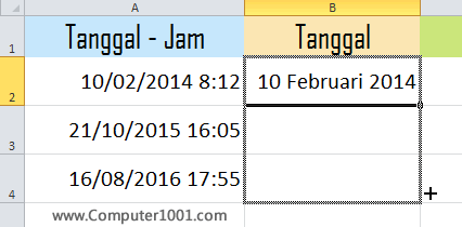Copy paste formula ekstrak tanggal Excel ke baris berikutnya