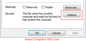 Klik tombol Unblock di Properties file Klik tombol Unblock di Properties file