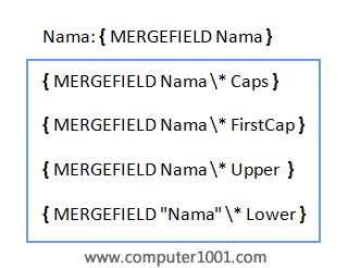 Kode untuk format huruf besar dan huruf kecil data mail merge