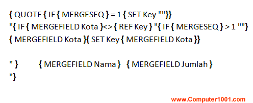 Contoh kode field mail merge menggabungkan data berdasarkan kategori Kota Contoh kode field mail merge menggabungkan data berdasarkan kategori Kota