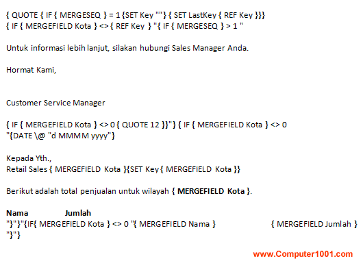 Kode field mail merge dengan tambahan teks Kode field mail merge dengan tambahan teks