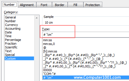 Ketik kode format di kotak Type untuk tambahan teks di belakang angka Ketik kode format di kotak Type untuk tambahan teks di belakang angka