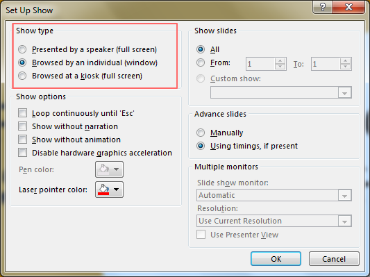 Kotak dialog Set Up Show