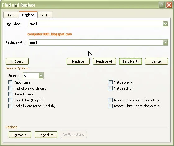 Find and Replace - More - Word