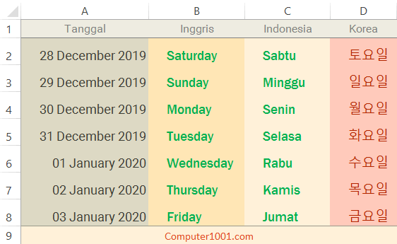 Nama hari tanggal Excel dalam berbagai bahasa Nama hari tanggal Excel dalam berbagai bahasa