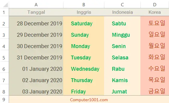 Cara Membuat Nama Hari Tanggal Excel Dalam Berbagai Bahasa – Yuni Ash