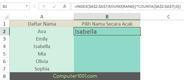 Nama acak Excel dari daftar 1 kolom