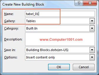 Penamaan tabel untuk Quick Parts Penamaan tabel untuk Quick Parts