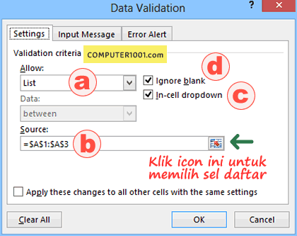 Langkah-langkah mengatur Settings data validation Excel