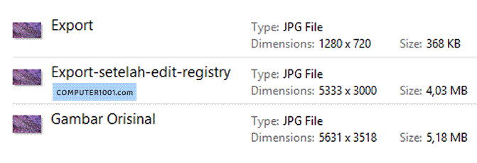Perbandingan gambar sebelum dan sesudah edit registry