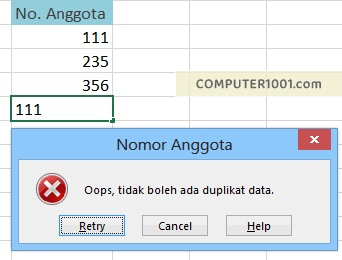 Pesan peringatan duplikat data Excel  Pesan peringatan duplikat data Excel