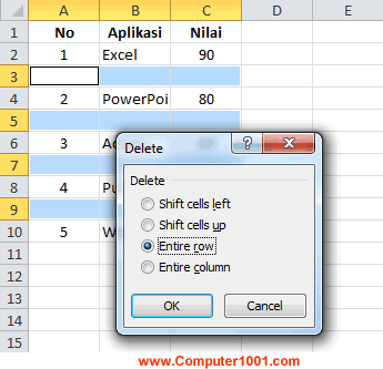 Pilih Entire row Pilih Entire row