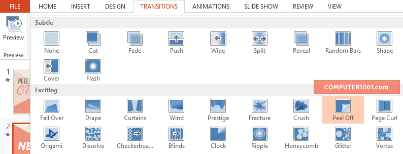 Pilih transisi slide Peel Off
