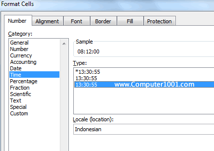 Pilih tipe format untuk jam Excel