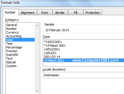 Pilih tipe format untuk tanggal Excel