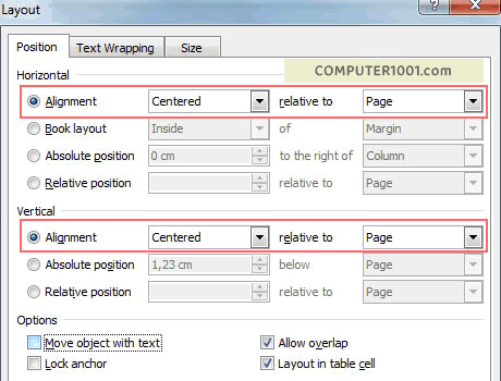 Kotak dialog Layout Position tab untuk Horizontal dan Vertical Alignment gambar