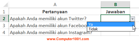 Tampilan dropdown list pada sel lembar kerja Tampilan dropdown list pada sel lembar kerja