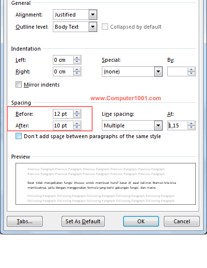 Pengaturan besar jarak paragraf di kotak before dan after