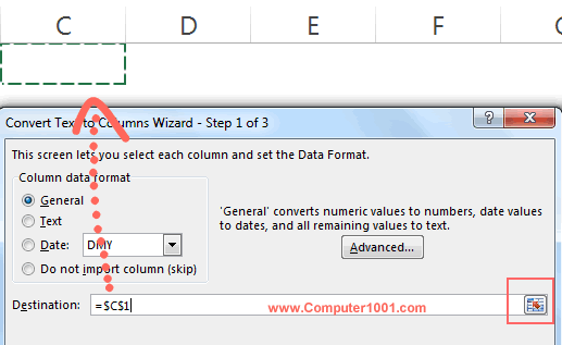 Pilih sel untuk menampung hasil pemisahan