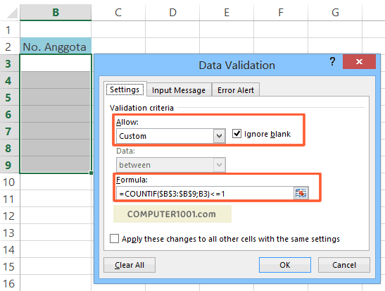 Custom Formula untuk mencegah duplikasi data Excel Custom Formula untuk mencegah duplikasi data Excel