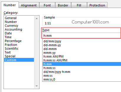Settingan format angka untuk jam di kolom A Settingan format angka untuk jam di kolom A