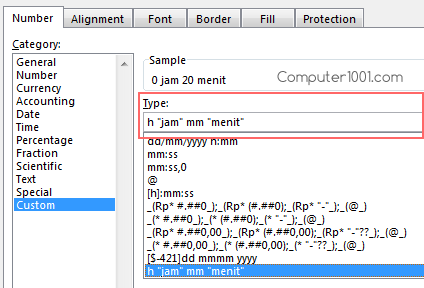 Settingan format angka untuk jam dan menit di kolom E Settingan format angka untuk jam dan menit di kolom E