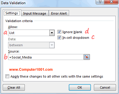 Tab Setting untuk menggunakan dropdownn list