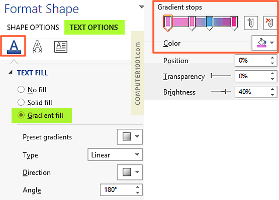 Settingan gradien warna WordArt Settingan gradien warna WordArt