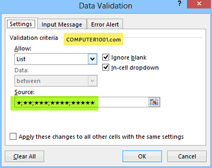Data Validation Excel yang berisi gambar bintang