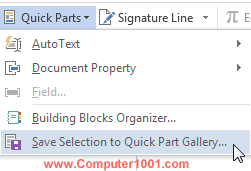 Pilih Save Selection to Quick Part Gallery Pilih Save Selection to Quick Part Gallery