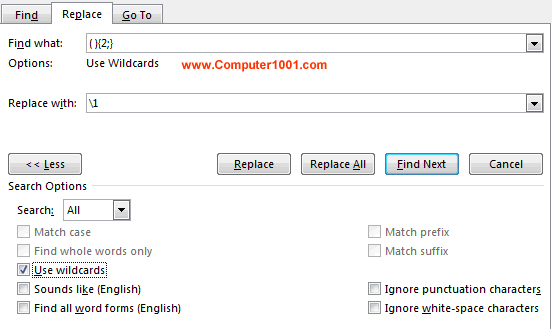 Kode untuk ditulis di kotak Find and Replace