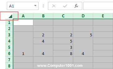 Klik tanda segitiga di sudut kiri atas lembar kerja Excel Klik tanda segitiga di sudut kiri atas lembar kerja Excel