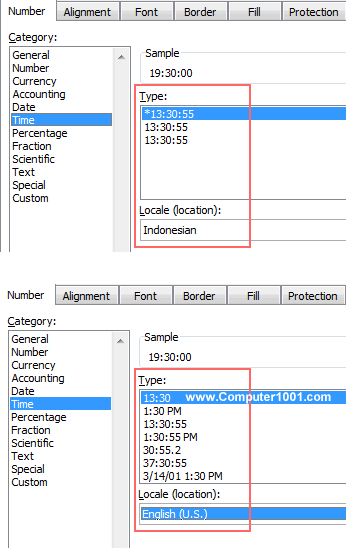 Tipe format jam dan pilihan bahasa di Excel Tipe format jam dan pilihan bahasa di Excel