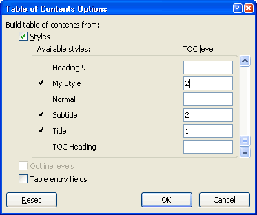 Table of Contents Options Table of Contents Options