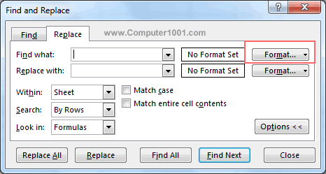 Klik tombol Format di samping kotak Find what Klik tombol Format di samping kotak Find what