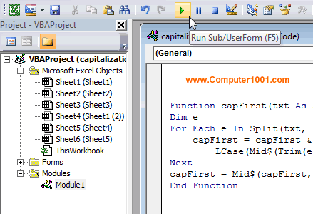 Tekan tombol Run Sub/UserForm untuk menjalankan module