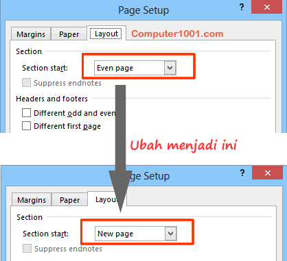 Ubah Section Start ke New page Ubah Section Start ke New page