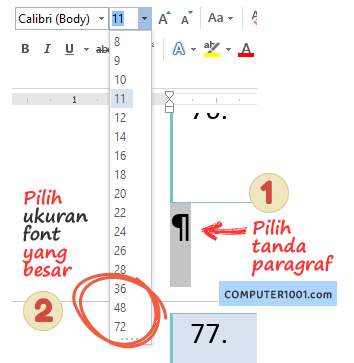 Ukuran font tanda paragraf Ukuran font tanda paragraf