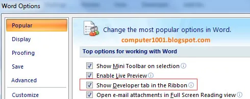 Word Options - Popular - Show developer tab - Word 2007