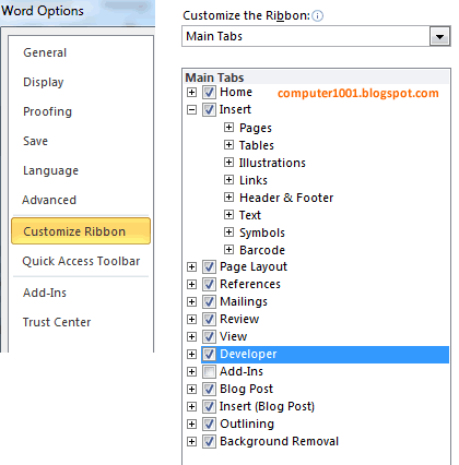 Word Options - Popular - Show developer tab - Word